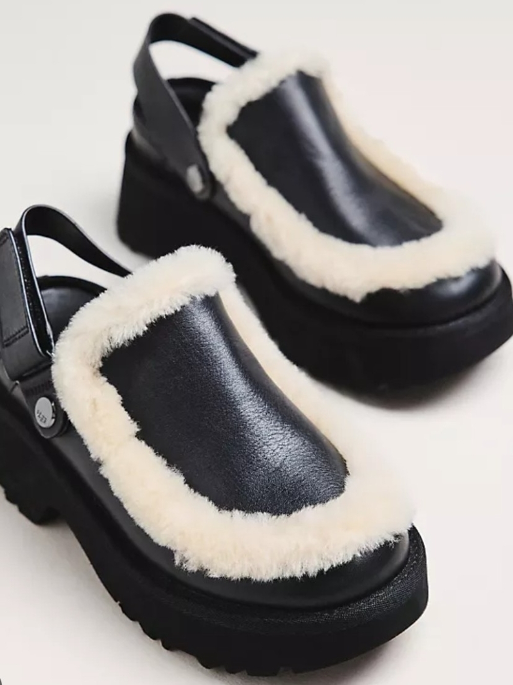 UGG Black Faux-Leather Platform Slingback Clogs with Cream Shearling Trim